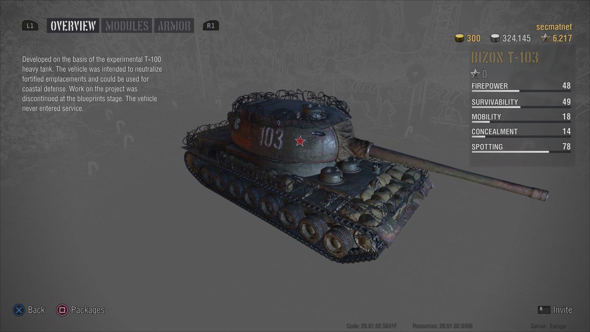 World of Tanks: Bizon T-103 Ultimate (PlayStation 4) screenshot: Bizon T-103 tank overview