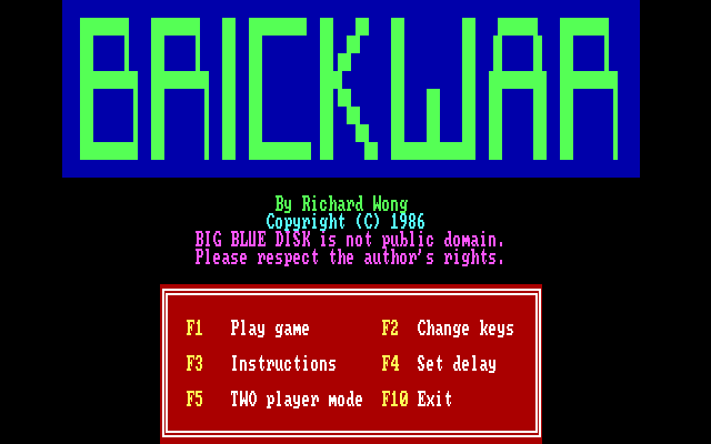 Brickwar (DOS) screenshot: Title/Main menu