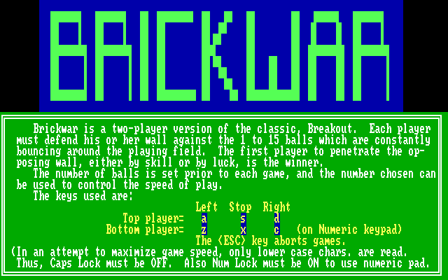 Brickwar (DOS) screenshot: Instructions
