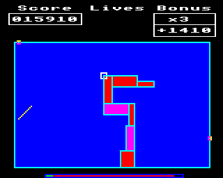 Frenzy (BBC Micro) screenshot: Safety areas made safe if slow-drawn (red) and fast-drawn (purple) modes