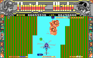 ThunderBlade (DOS) screenshot: Destroying tanks in this canyon (EGA/Tandy)