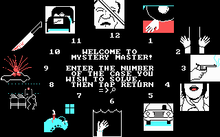 Mystery Master: Murder by the Dozen (DOS) screenshot: Choose a mystery to solve! (CGA)