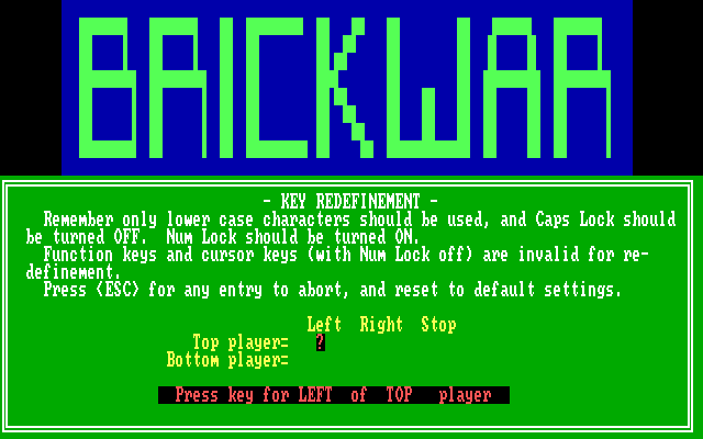 Brickwar (DOS) screenshot: Redefining the keys