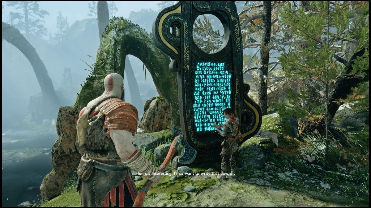 God of War (PlayStation 4) screenshot: Atreus can read many inscriptions but some languages he'll have to decipher first