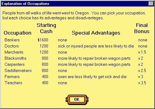 The Oregon Trail (Windows) screenshot: On many screens there is an 'Explain' button. This brings up a window to guide the players' choices. Here there one explains the implication of their career choice.