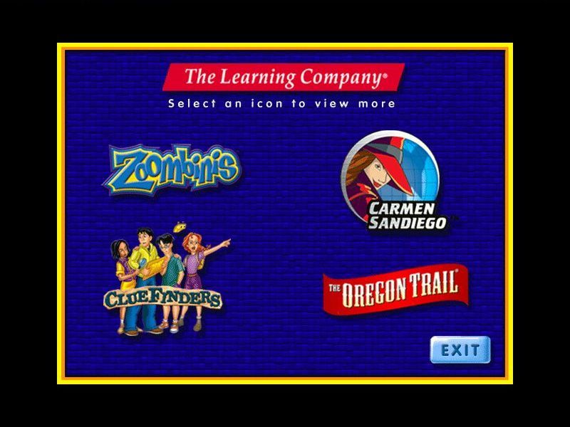 Zoombinis: Mountain Rescue (Windows) screenshot: The Demo option on the main menu brings up this screen. behind the Zoombinis link are the options to play a bit of two other games, the other three links are just adverts