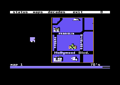 Ticket to Hollywood (Commodore 64) screenshot: Travelling back to the 1970s