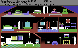 Little Computer People (Commodore 64) screenshot: He's brought a dog and is now typing a letter for me