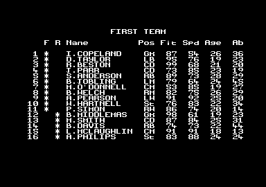 World Soccer (Amstrad CPC) screenshot: Your team.