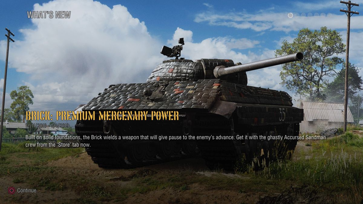 World of Tanks: Mercenaries - Brick Ultimate (PlayStation 4) screenshot: Brick tank announced in the news section of the game