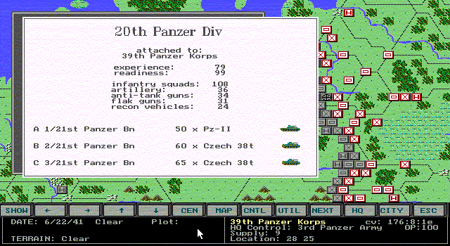 Gary Grigsby's War in Russia (DOS) screenshot: Axis player reviewing his forces