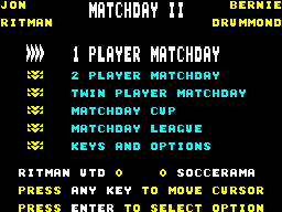 Match Day II (ZX Spectrum) screenshot: Main menu.