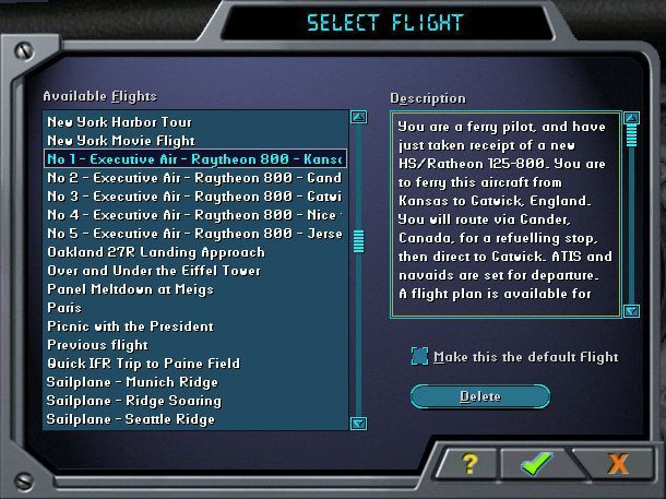 Executive (Windows) screenshot: This is how the Hawker 125-800 flights appear in the flight sim menu. Note the spelling of Raytheon in the flight menu and in the description differs
