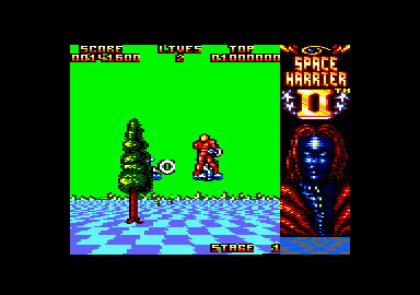 Space Harrier II (Amstrad CPC) screenshot: Fly and shoot.