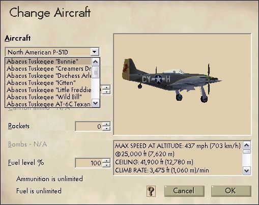 Tuskegee Fighters (Windows) screenshot: The newly installed aircraft are grouped by name in the aircraft selection screen