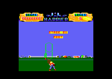 Space Harrier (Amstrad CPC) screenshot: Running and blasting.