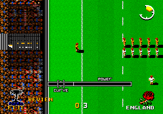 International Rugby (Genesis) screenshot: Timing the meter to resume the play.
