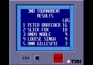 TNN Bass Tournament of Champions (Genesis) screenshot: Tournament results