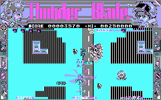 ThunderBlade (DOS) screenshot: Blasting ground targets (CGA)