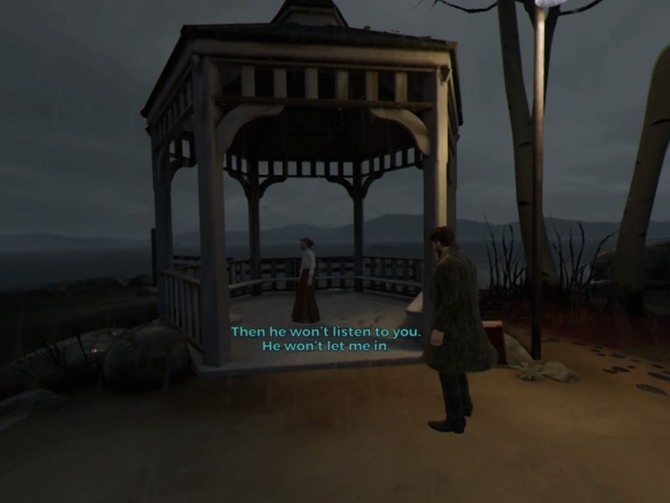 The Invisible Hours (PlayStation 4) screenshot: Gustav running into crying woman (VR mode)