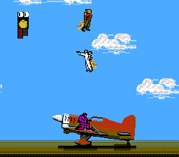 The Rocketeer (NES) screenshot: Indeed, the Rocketeer lives up to his name and flies; he also has plenty of enemies who can do the same
