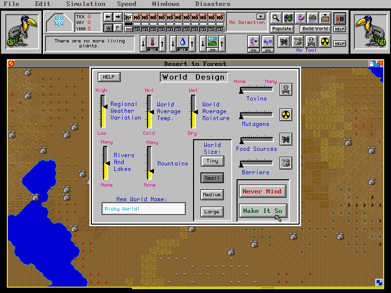 SimLife (DOS) screenshot: Setting parameters to make a custom world.
