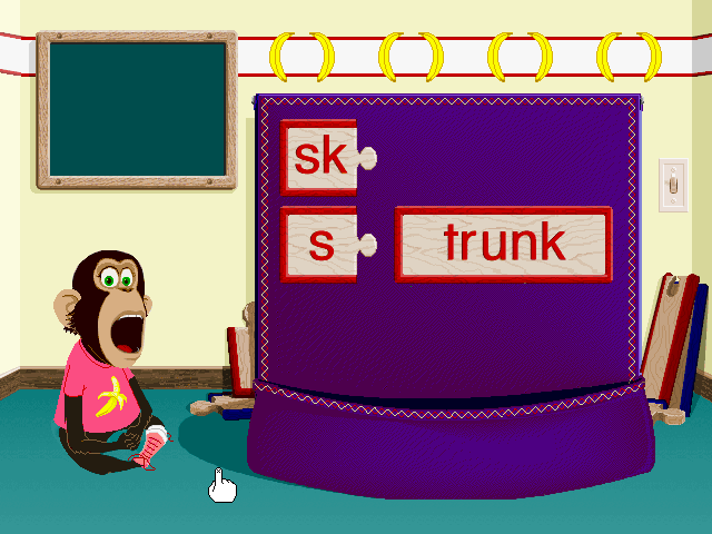 Ready, Set, Read with Bananas & Jack (Windows 3.x) screenshot: The word 'trunk' was made