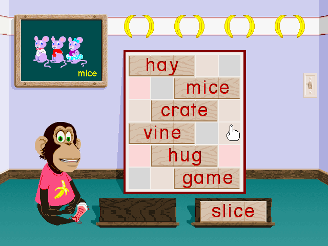 Ready, Set, Read with Bananas & Jack (Windows 3.x) screenshot: Examining the 'mice' word