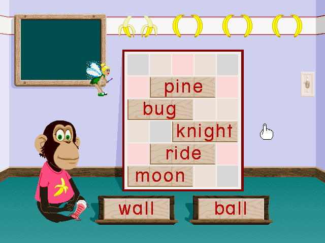 Ready, Set, Read with Bananas & Jack (Windows 3.x) screenshot: 'wall' / 'ball' rhyme shows a fairy