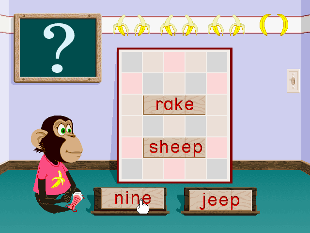 Ready, Set, Read with Bananas & Jack (Windows 3.x) screenshot: Trying the 'nine' as a rhyme for the 'jeep'