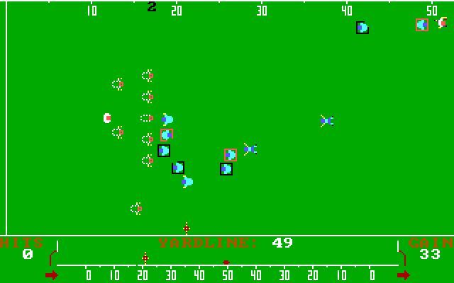 Defense (DOS) screenshot: The computer must be cheating. The ball carrier has survived four attempted tackles and is now racing down the pitch. This is shown by keepingthis screen the same and changing the yardage.