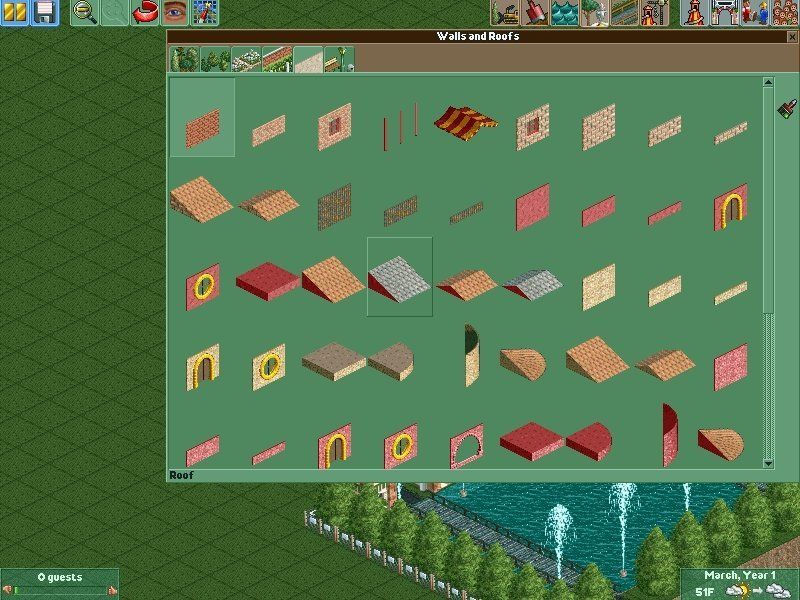 RollerCoaster Tycoon 2 (Windows) screenshot: There are loads of roof tiles, so you can build different kinds of buildings.