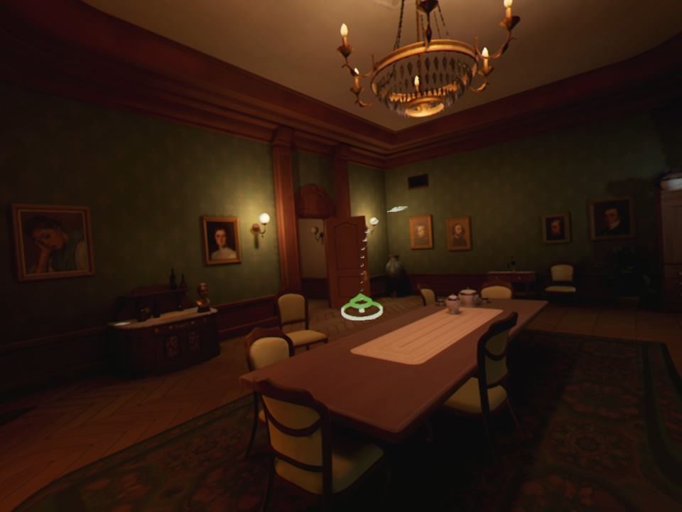 The Invisible Hours (PlayStation 4) screenshot: Using teleport traveling system to explore the dining room (VR mode)