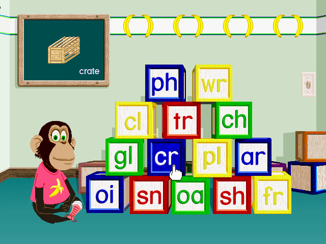 Ready, Set, Read with Bananas & Jack (Windows 3.x) screenshot: The coach Bananas shows the word and sounds two sounds from it
