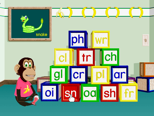 Ready, Set, Read with Bananas & Jack (Windows 3.x) screenshot: Two-letter sound 'sn' from the word 'snake'