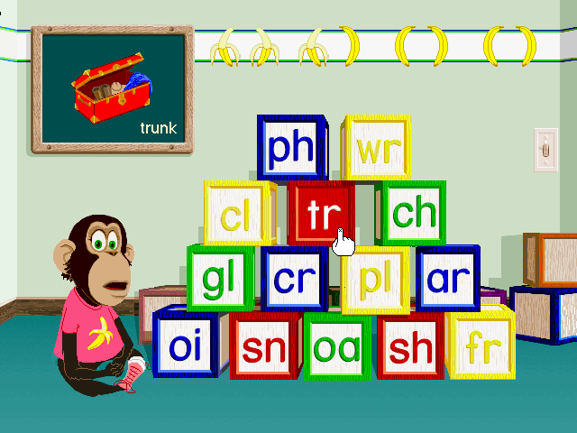 Ready, Set, Read with Bananas & Jack (Windows 3.x) screenshot: Two-letter sound 'tr' in the word 'trunk'
