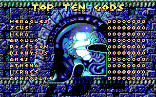 Gods (DOS) screenshot: Top Ten Gods (Scores) (EGA/Tandy)