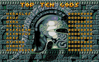Gods (DOS) screenshot: Top Ten Gods (Scores) (VGA)