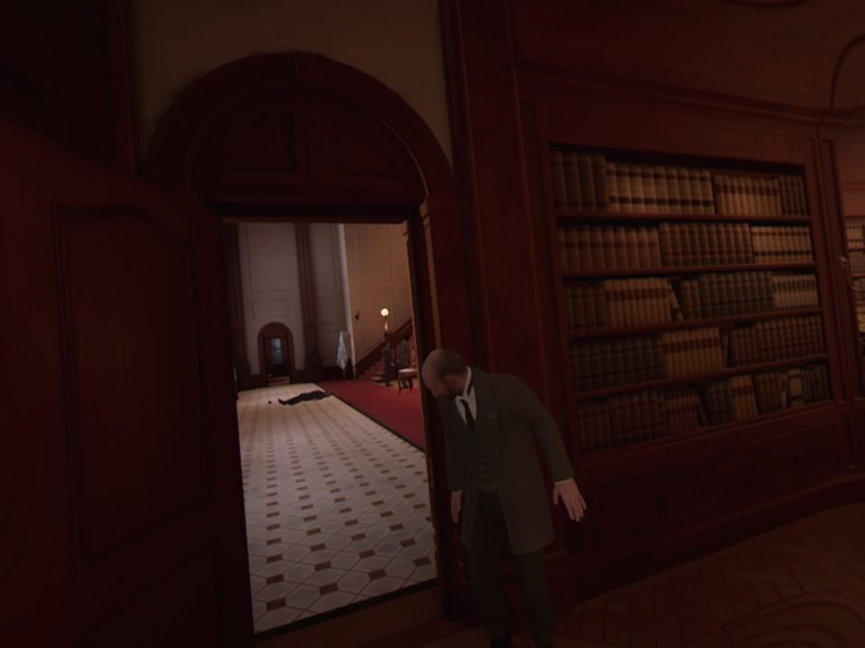 The Invisible Hours (PlayStation 4) screenshot: Backtracking events to see where one of the suspects came from (VR mode)