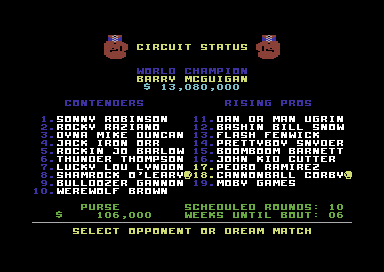 Star Rank Boxing (Commodore 64) screenshot: Pick a fight.