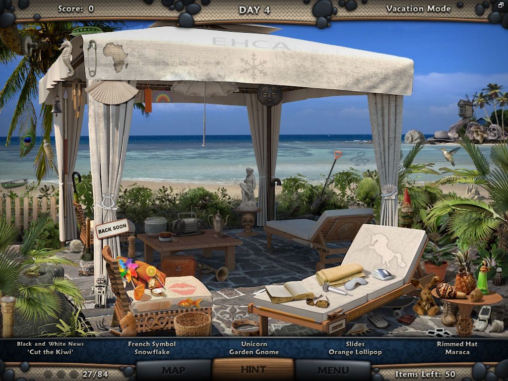 Vacation Quest: The Hawaiian Islands (Macintosh) screenshot: Beach Cabana - objects