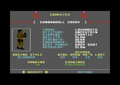 Star Rank Boxing (Commodore 64) screenshot: Your opponents stats.