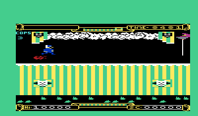 Punchy (VIC-20) screenshot: Starting level one. Jump over the fireballs.