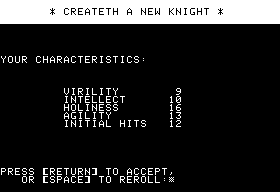 The Standing Stones (Apple II) screenshot: Creating a new Knight for the adventure.