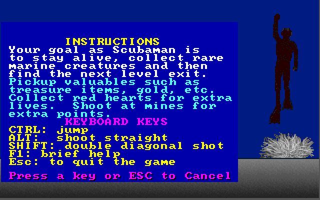 Scubaman's Quest (DOS) screenshot: This is the game's help screen.