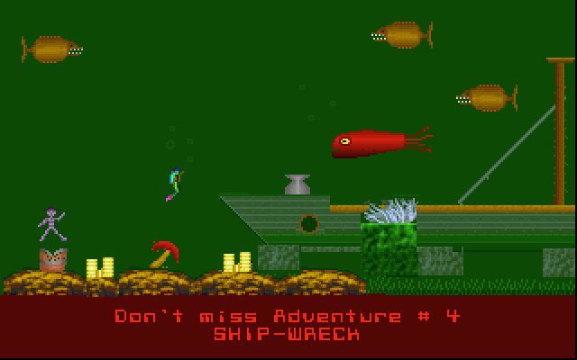 Scubaman's Quest (DOS) screenshot: A preview screen from level 4: Ship Wreck (demo mode)
