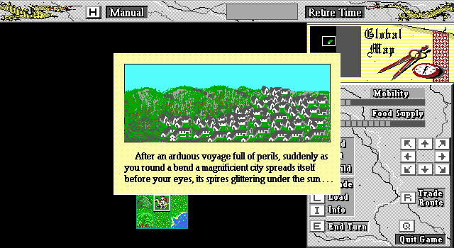 Canton: An Atlas Pathfinder Adventure (DOS) screenshot: Found another city! Now trade can be started.