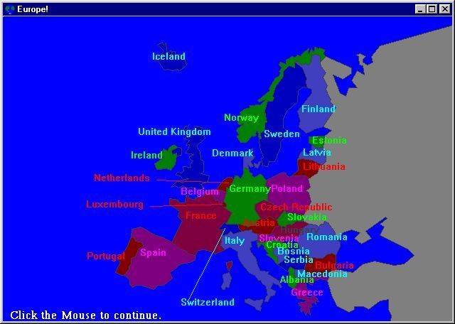 Europe! (Windows) screenshot: This shows the answers to the Countries game.