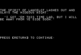 The Standing Stones (Apple II) screenshot: Sometimes Lancelot will dispatch the enemy for you.