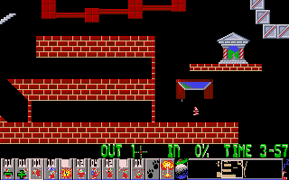 Xmas Lemmings (DOS) screenshot: Level 3 - this level is taken from <i>Oh No More Lemmings</i>.
